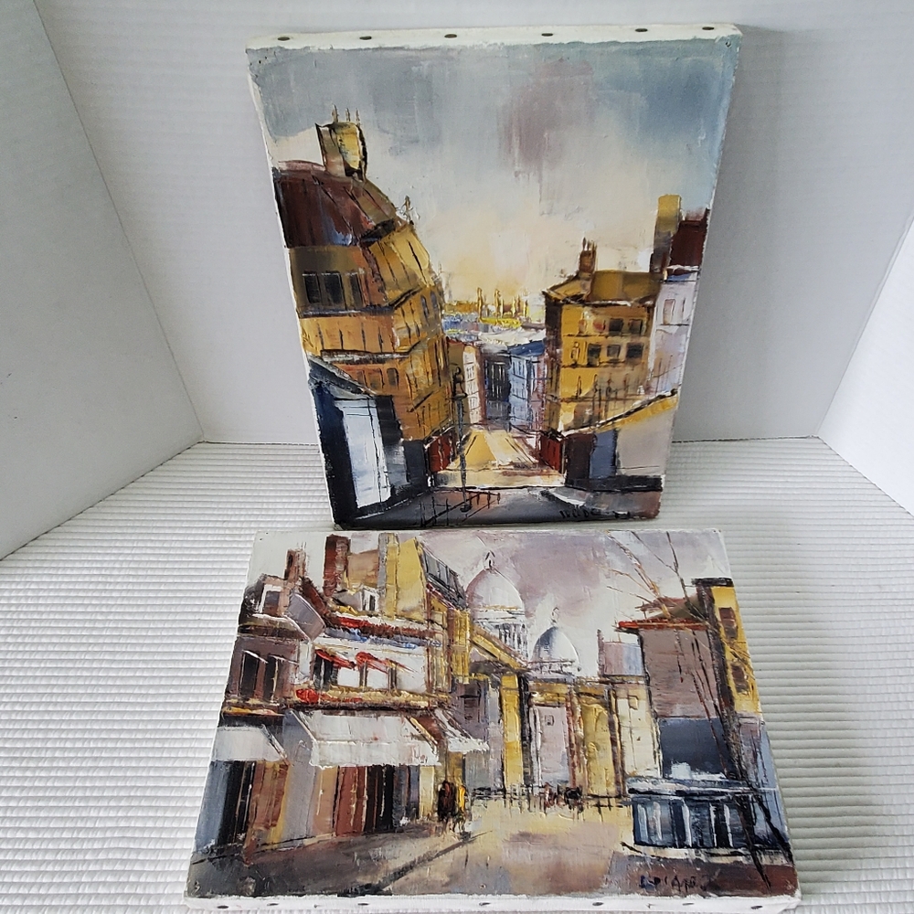 2 City Scape Oil Paintings Canvas 13x9.25 Gallery Wall Vintage Original Signed